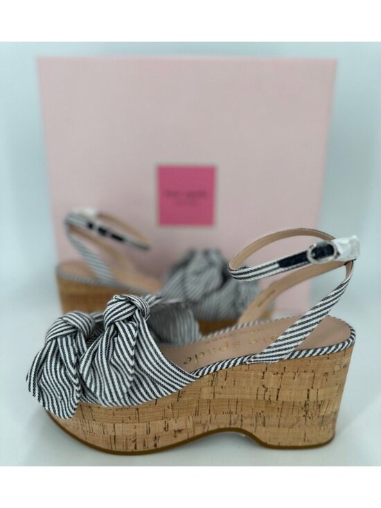 Kate Spade Julep Double Bow Platform Wedge Sandals sz 6.5 Navy Stripe Cork Ankle - Picture 6 of 11